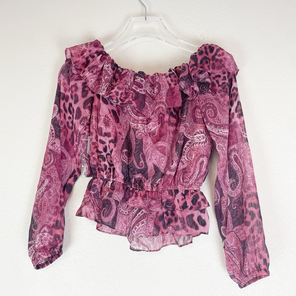Guess Top Womens XS Lucy Ruffle Off Shoulder Blouse Paisly Animal Print Glam New